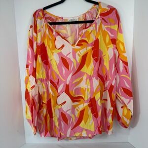 Emily Wonder Womens 1X Pink Orange Tropical V-Neck Rayon Blouse Top Shirt NEW
